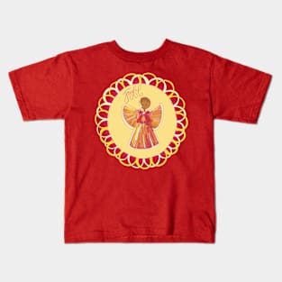 Scandinavian straw angel in wreath of pink and yellow with Joyful phrase Kids T-Shirt